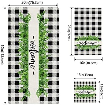 Chees D Zone Bath Towel Set with Green Leaves and Black Plaid Design