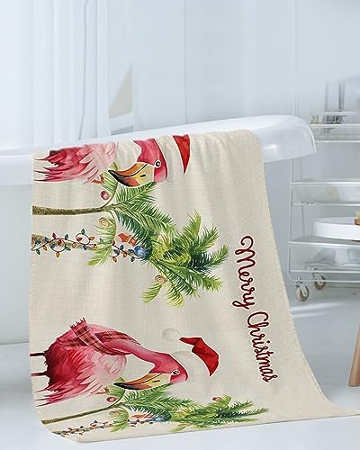 Christmas Bath Towel Set of 3 - Flamingo Coconut Tree Linen Texture