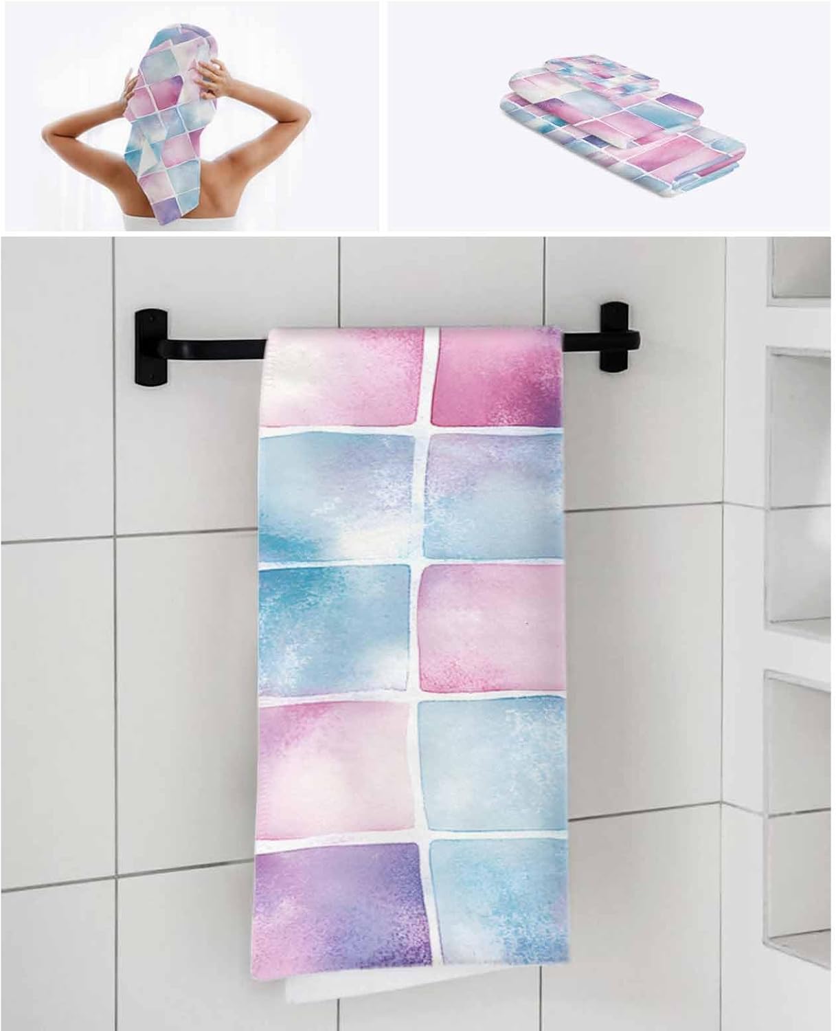 Shine-Home Pink Blue Plaid Towel Set 3pcs 1