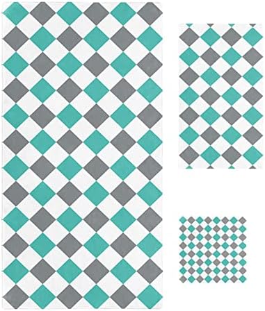 Summer Teal Green Grey Diamond Lattice Abstract Towel Set for Bathroom