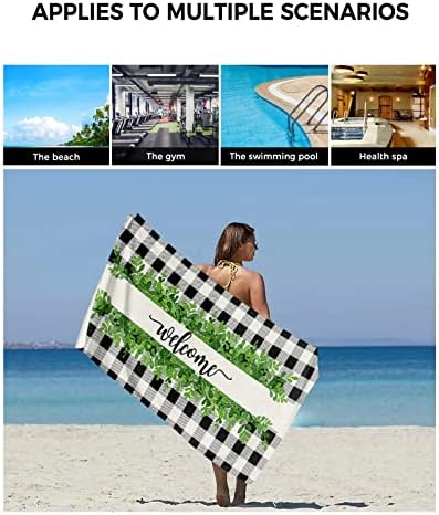 Chees D Zone Bath Towel Set with Green Leaves and Black Plaid Design