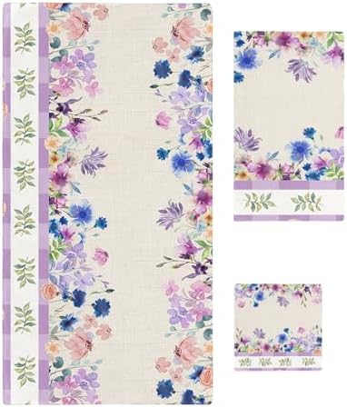 Smile Sunflower 3 Pcs Bath Towels Set Spring Purple Blue Flowers Linen