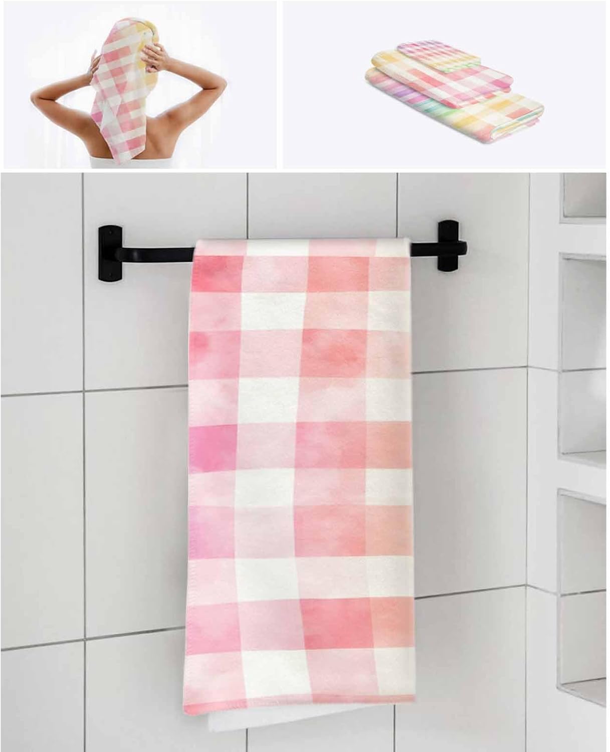 Shine-Home Check Watercolor Towel Set 3pcs Microfiber