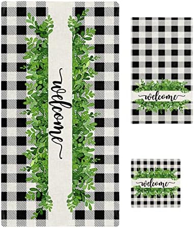 Chees D Zone Bath Towel Set with Green Leaves and Black Plaid Design