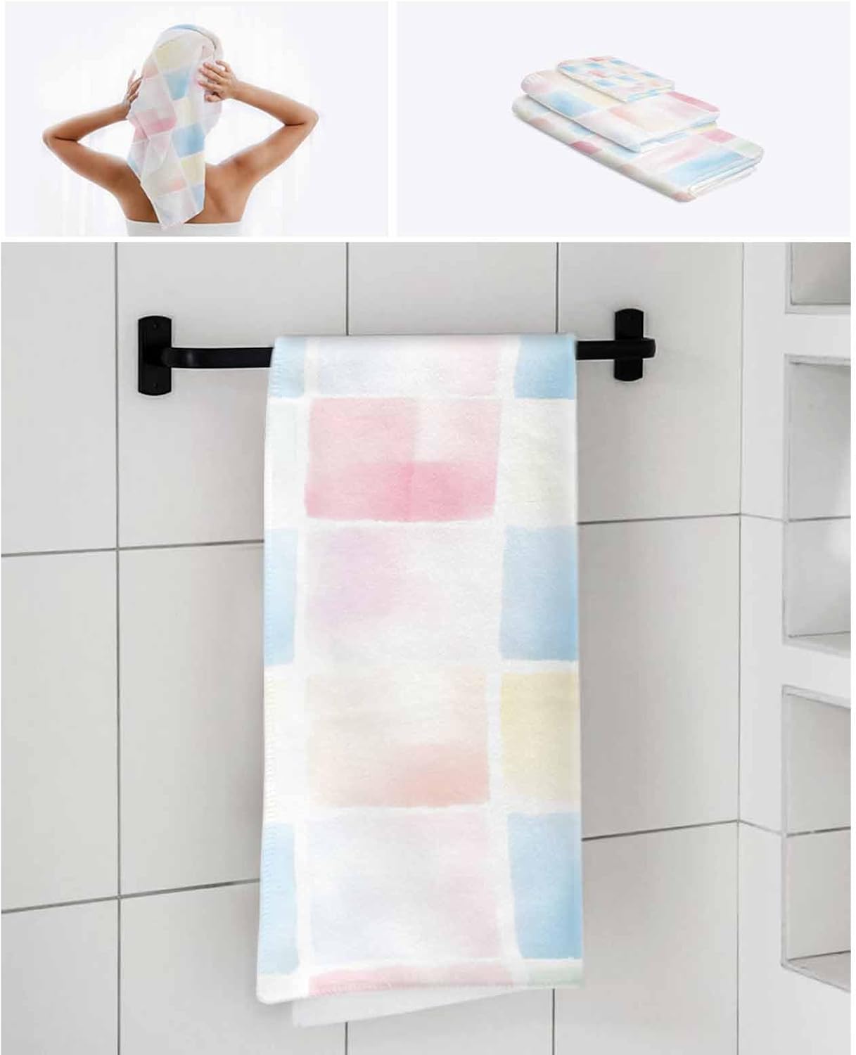 Shine-Home Abstract Plaid Towel Set - Modern Blue Pink Ombre 1