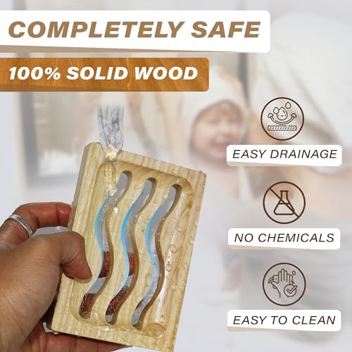 ENKEZI 2 Pack Wood Soap Dish - Waterproof Self Draining
