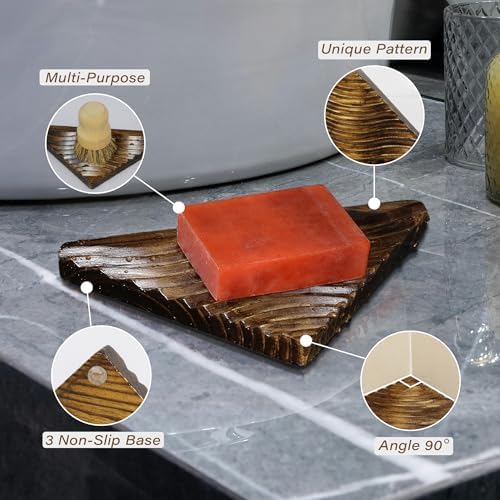 ENKEZI Corner Soap Dish 2 Pack - Wooden Bathroom Holder