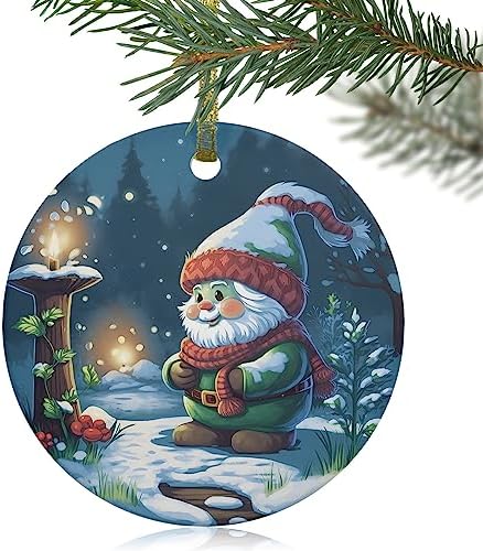 Christmas Santa Gnome Ceramic Ornament with Gold Ribbon