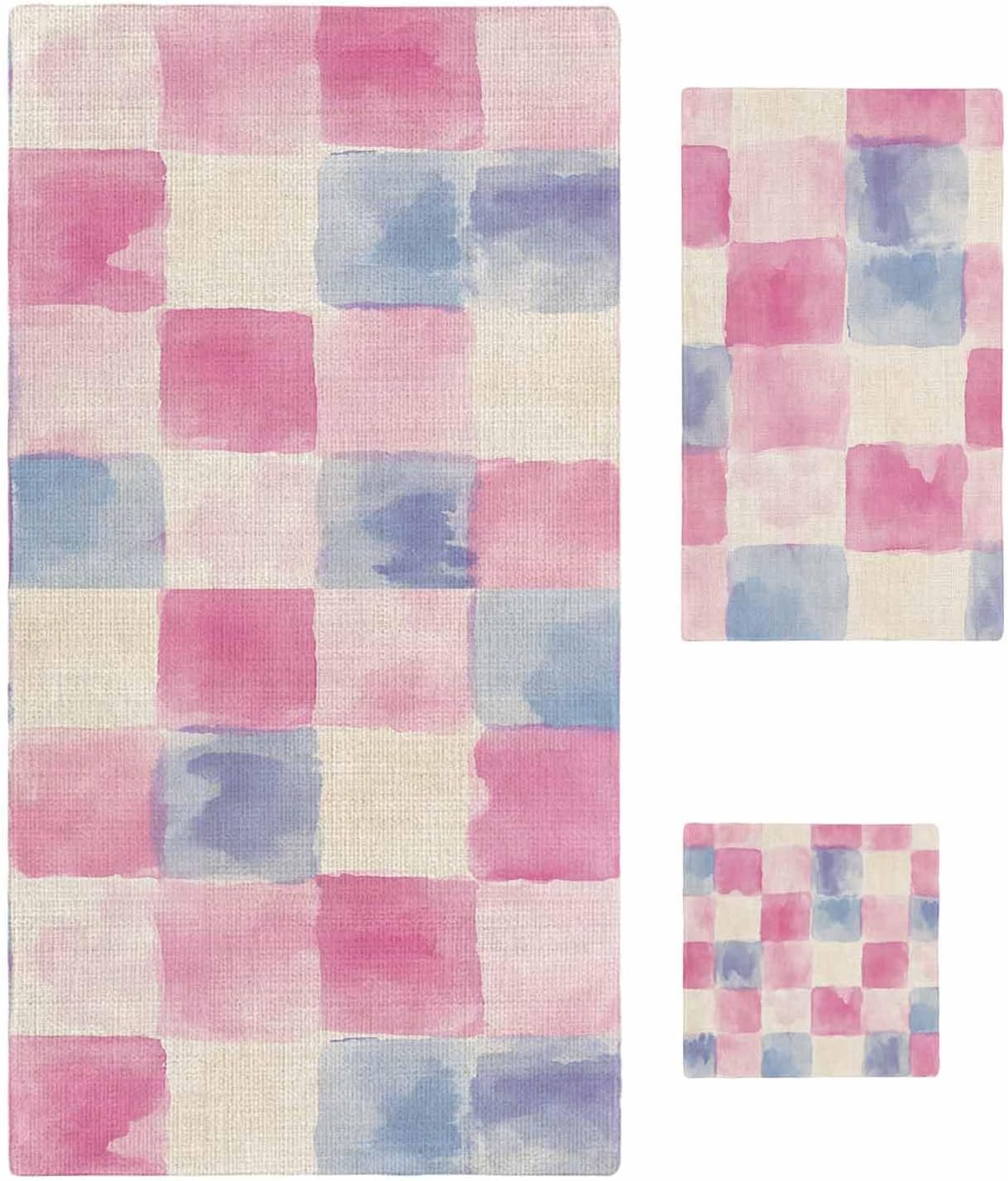 Shine-Home Pink Blue Plaid Towel Set 3pcs