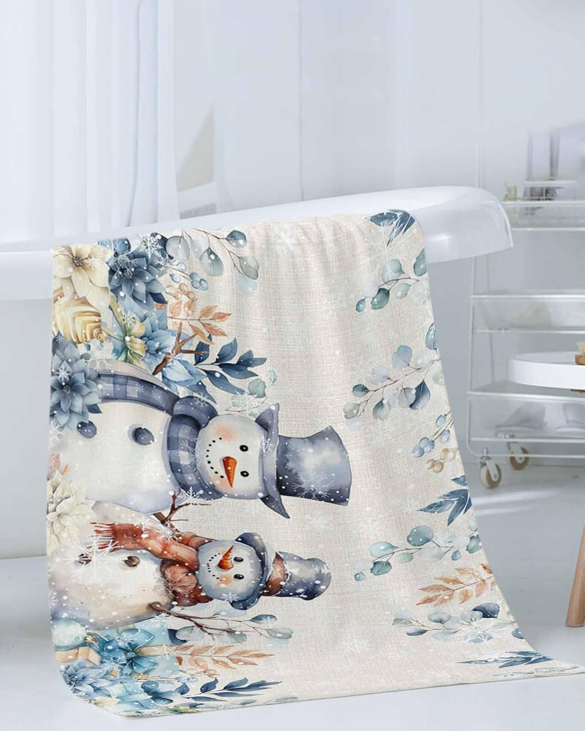 Christmas Bath towels Set of 3 - Blue Snowman Holly Eucalyptus Linen