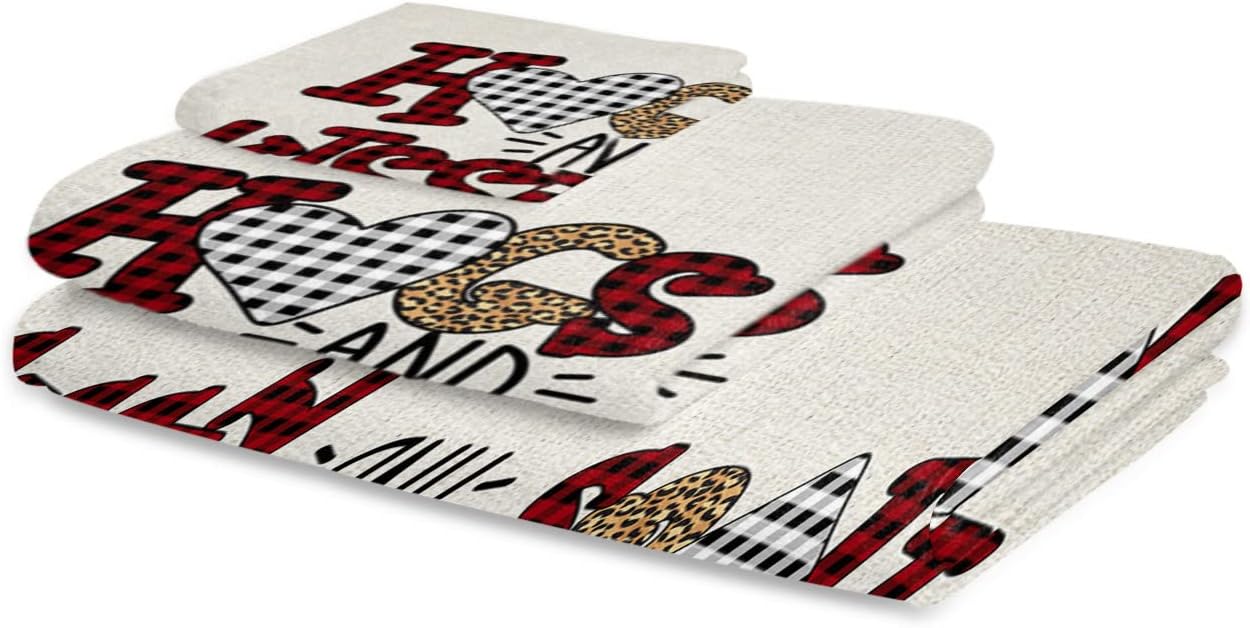 Boanket Valentines Day 3 Piece Towel Set with Leopard Plaid and Lettering