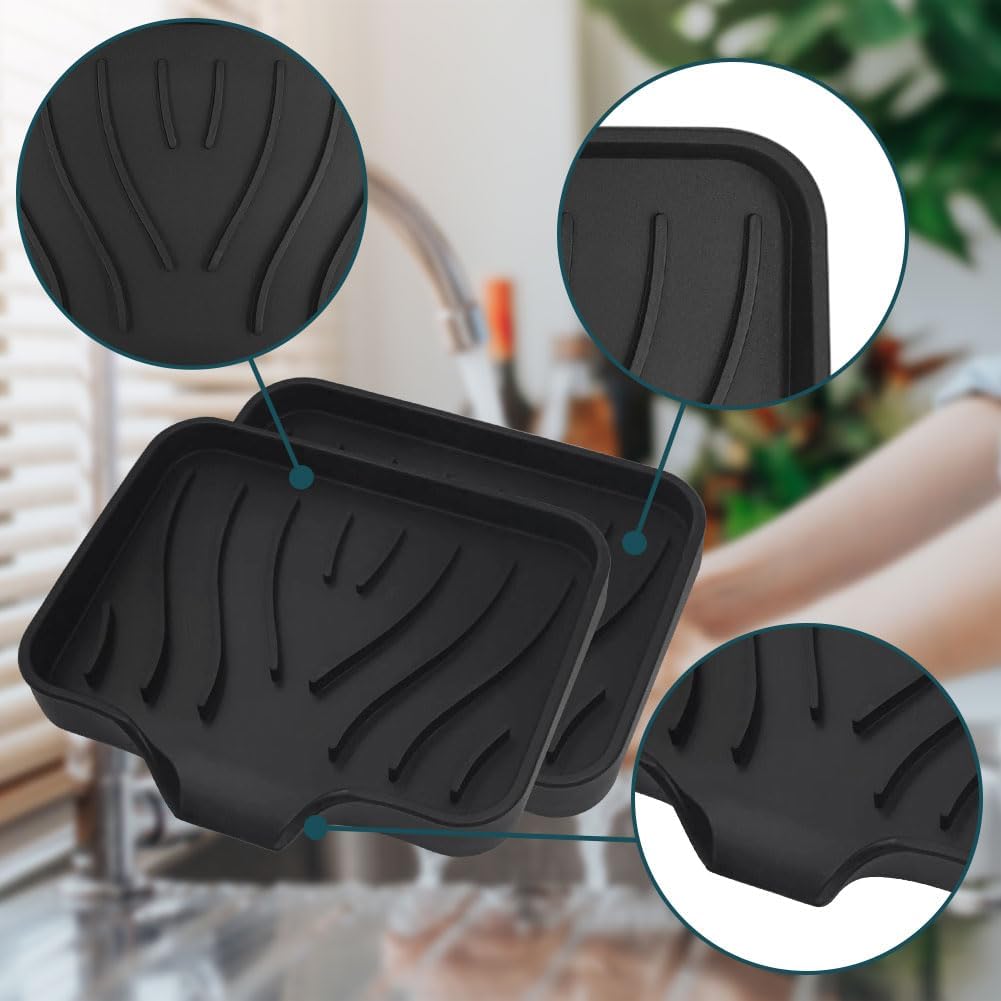 2 Pcs Black Silicone Soap Dish with Drain for Sink and Counter