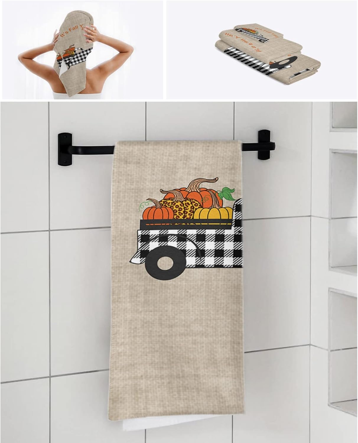 Thanksgiving Bath Towel Set of 3 with Pumpkin Design
