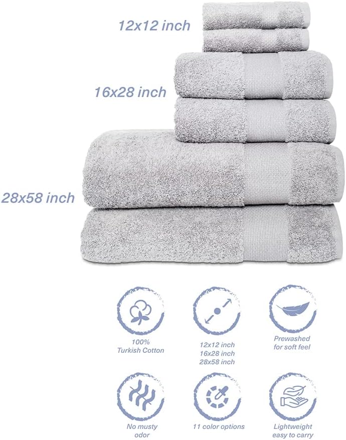 Hencely 6-Piece Bath Towel Set - Soft Turkish Cotton Silver