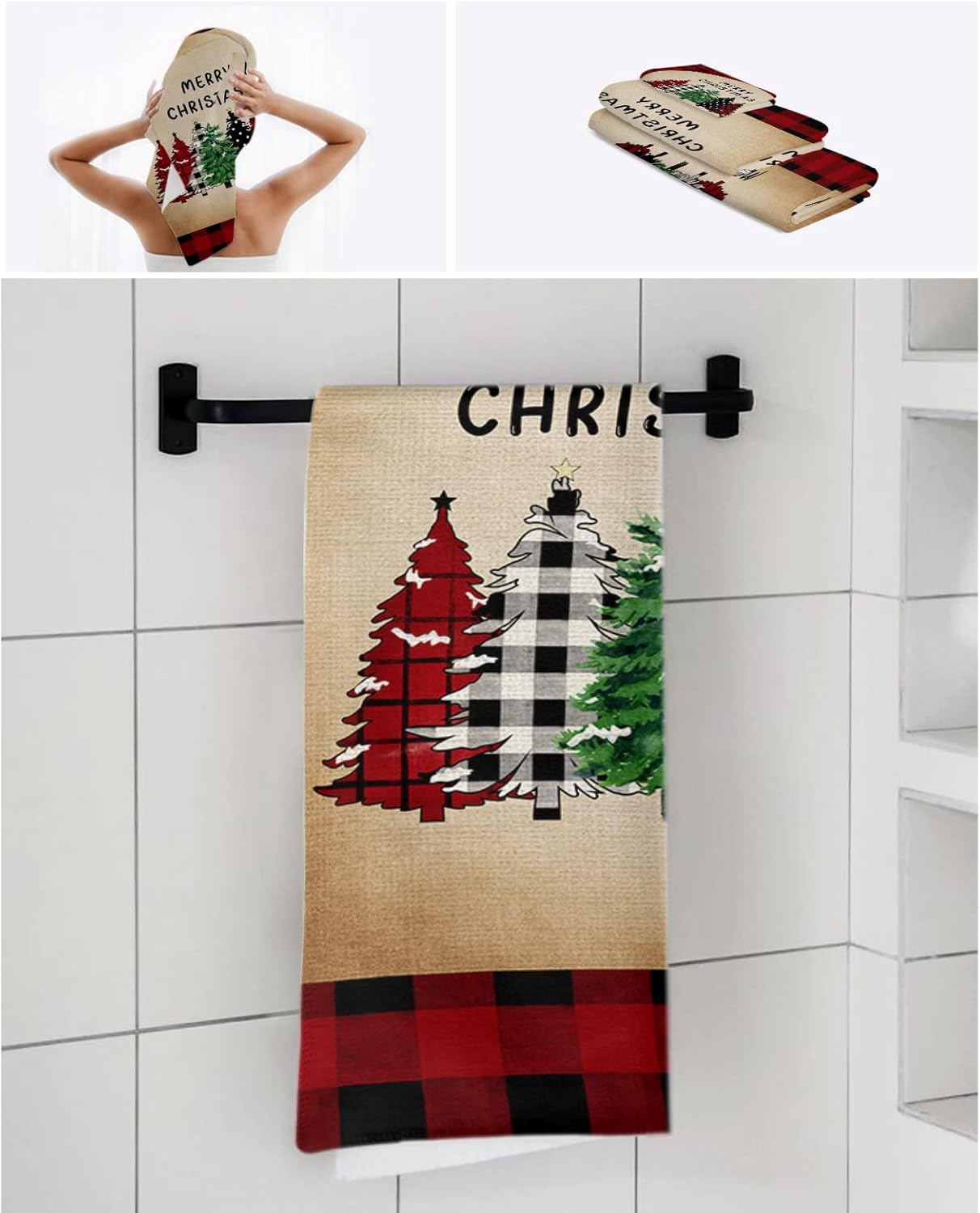 Christmas Bath Towels Set of 3 - Plaid Xmas Tree Red Buffalo Linen