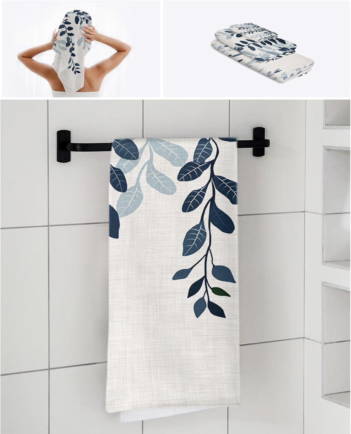 Smile Sunflower 3 Pcs Bath Towel Set - Blue Leaves Linen Texture