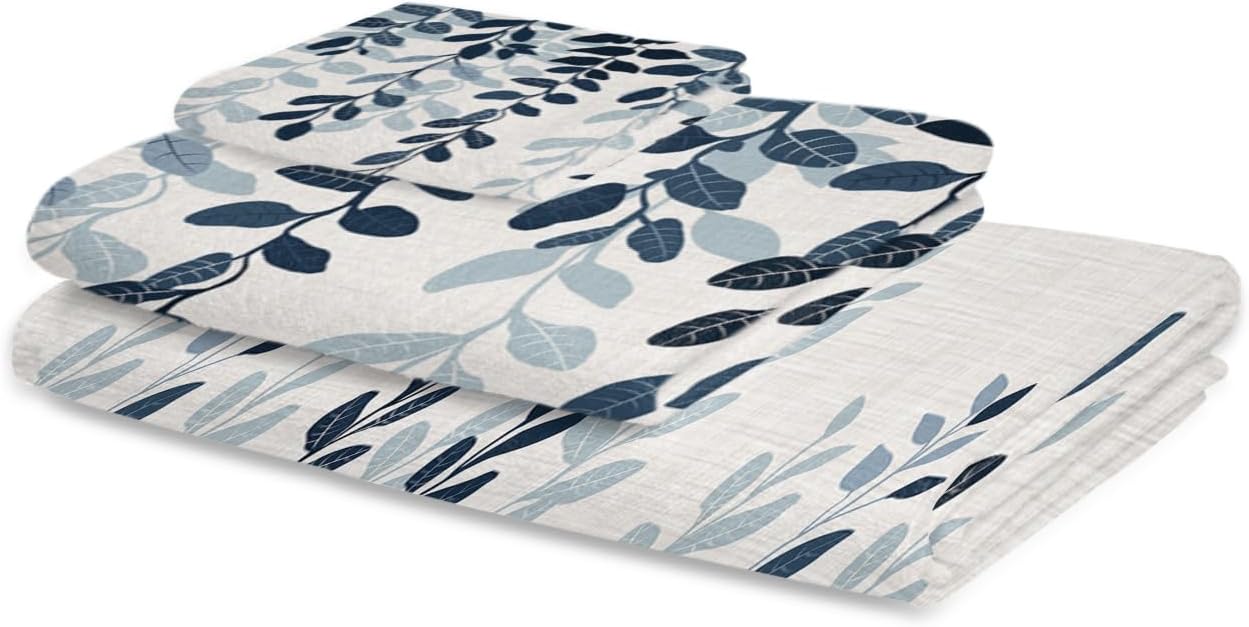 Smile Sunflower 3 Pcs Bath Towel Set - Blue Leaves Linen Texture