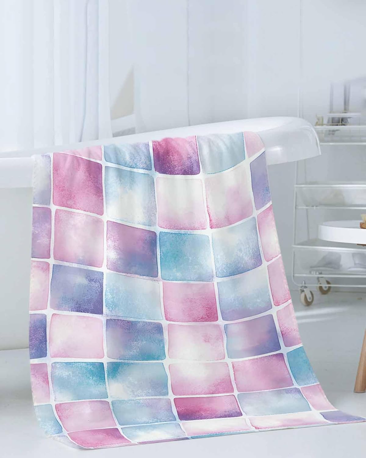 Shine-Home Pink Blue Plaid Towel Set 3pcs 1