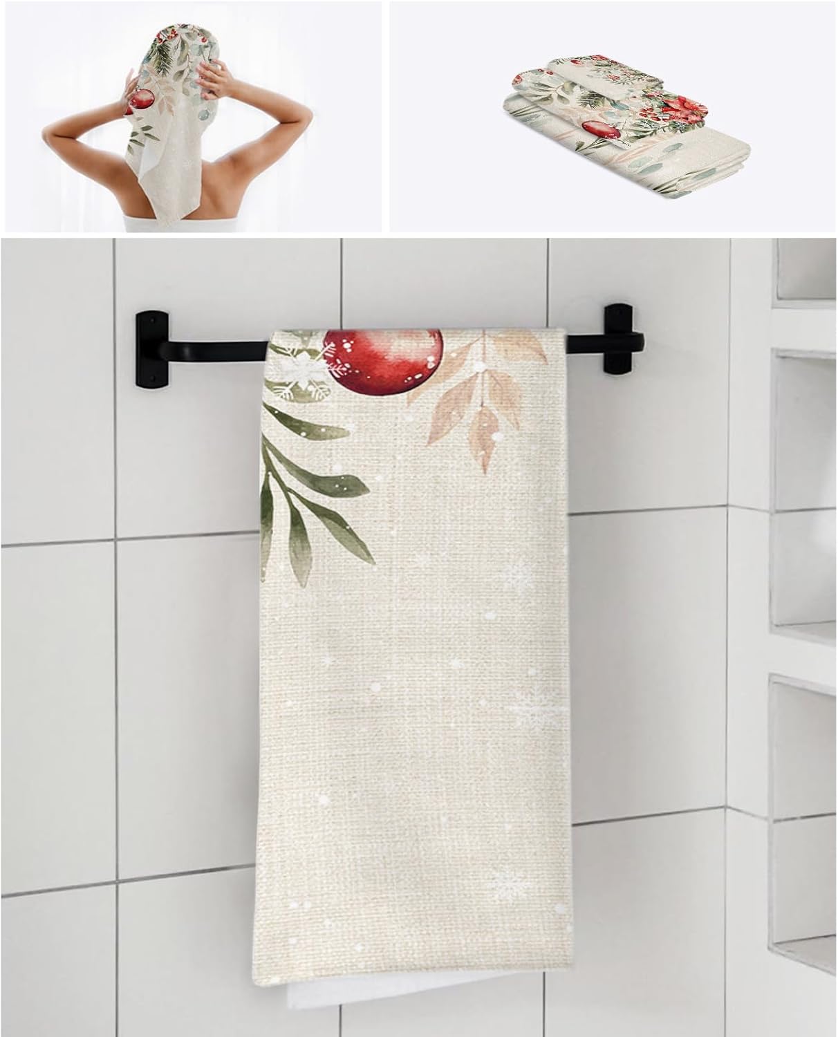 Christmas Bath Towels Set of 3 - Poinsettia Holly Eucalyptus Decor