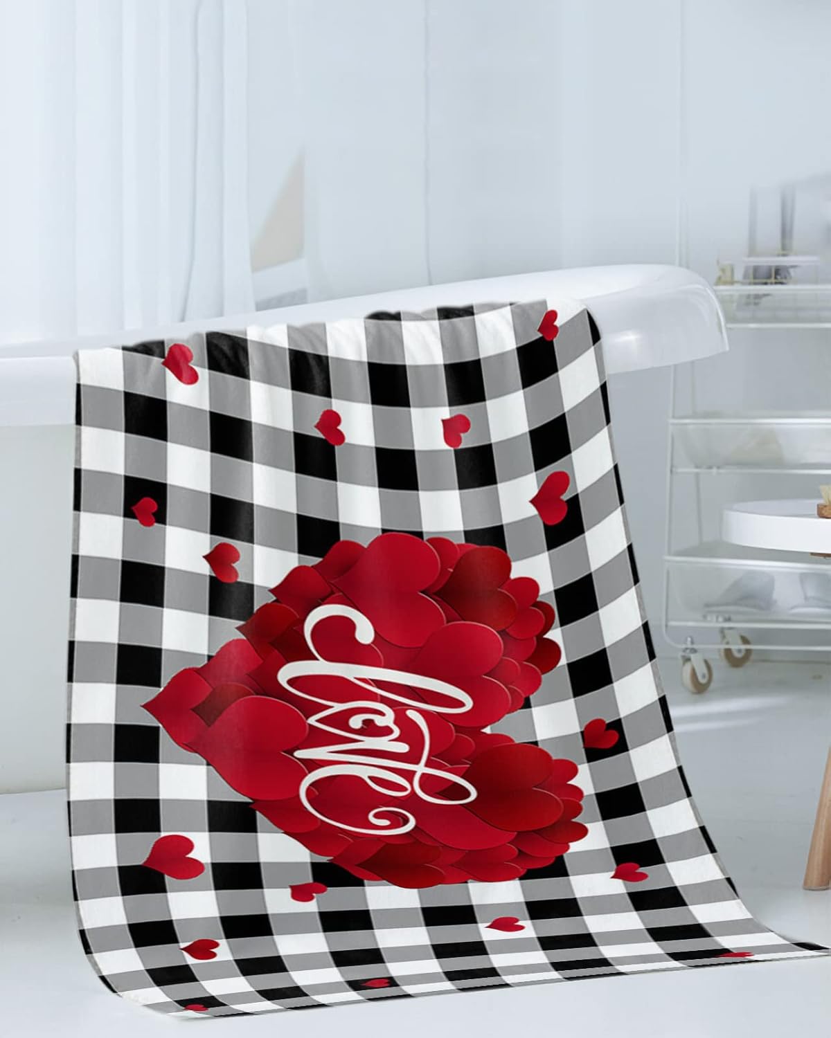 Shine-Home Valentine Towel Set - Red Black Plaid Microfiber Bath Towels and Washcloths