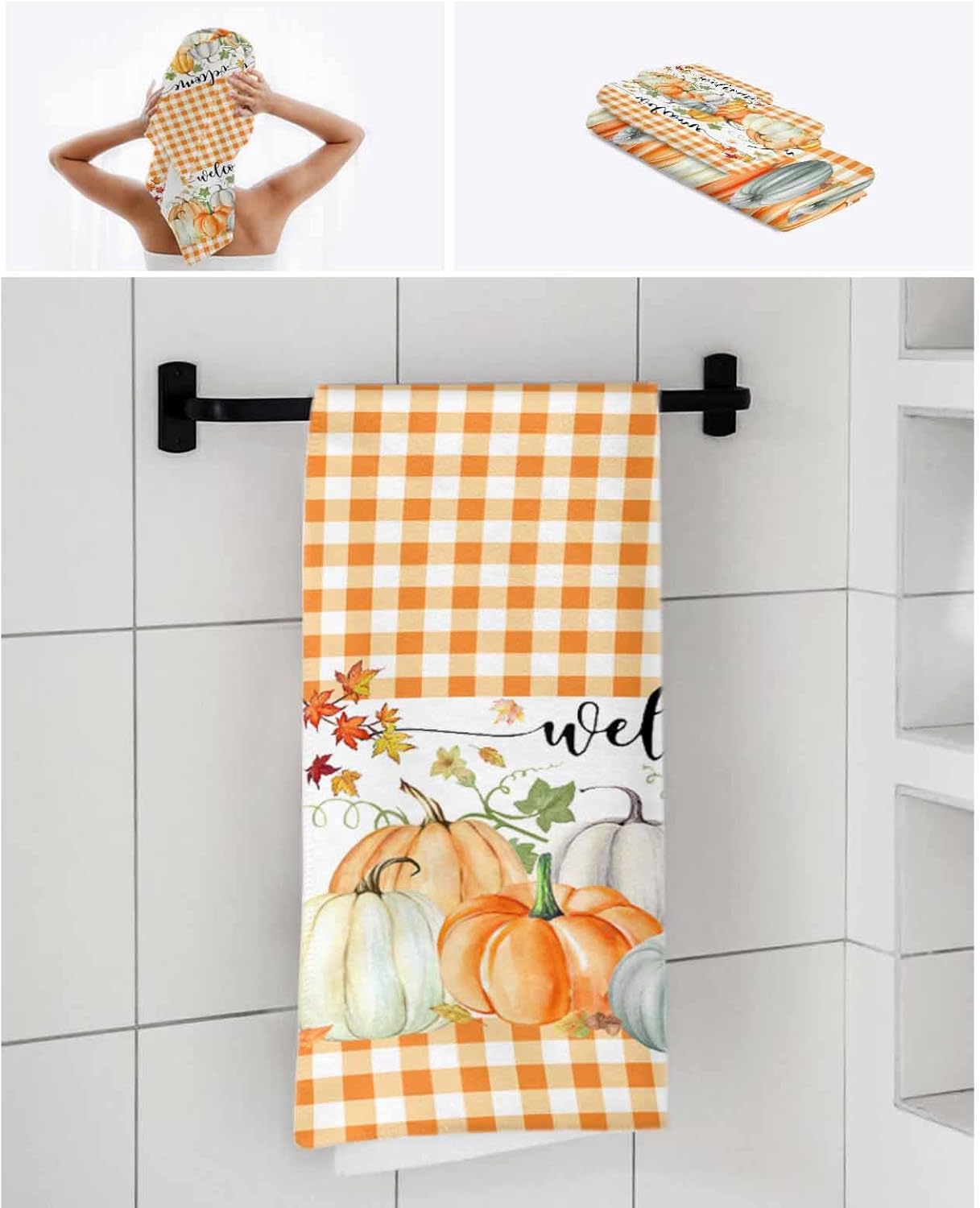Double Love Pumpkin Orange Plaid Bath Towel Set of 3