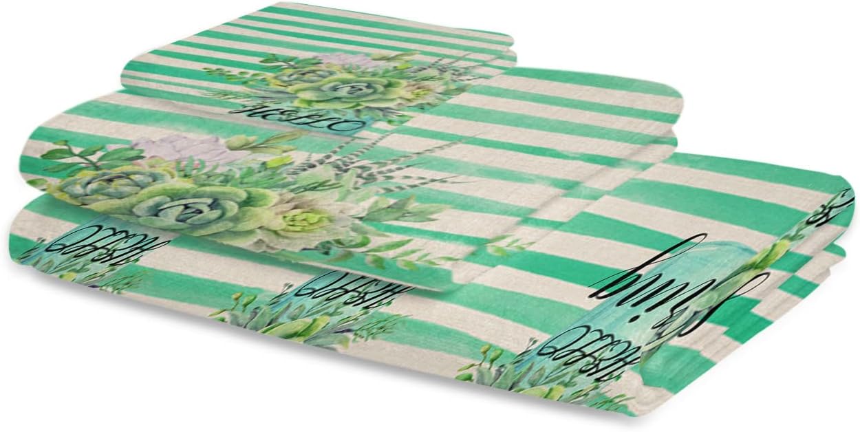 Chees D Zone Bath Towel Set with Green Succulent Design