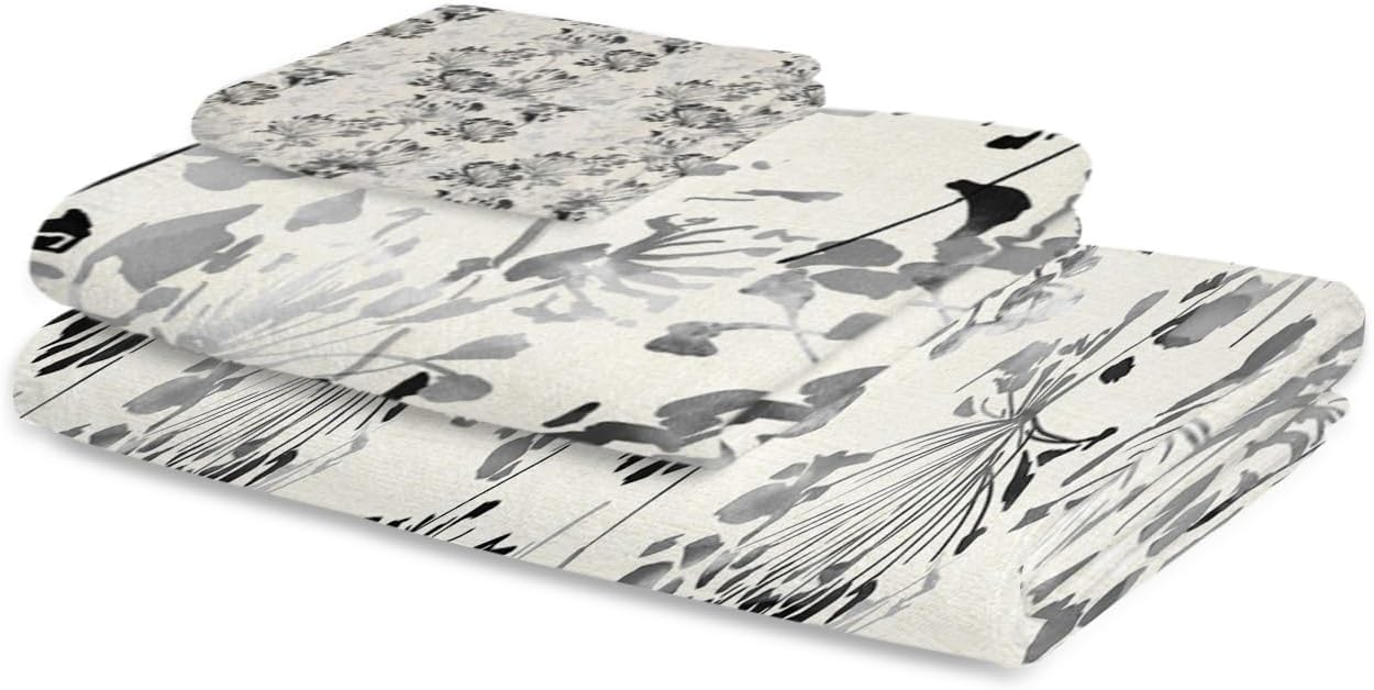 Smile Sunflower 3 Pcs Bath Towel Set Grey and Black Flowers