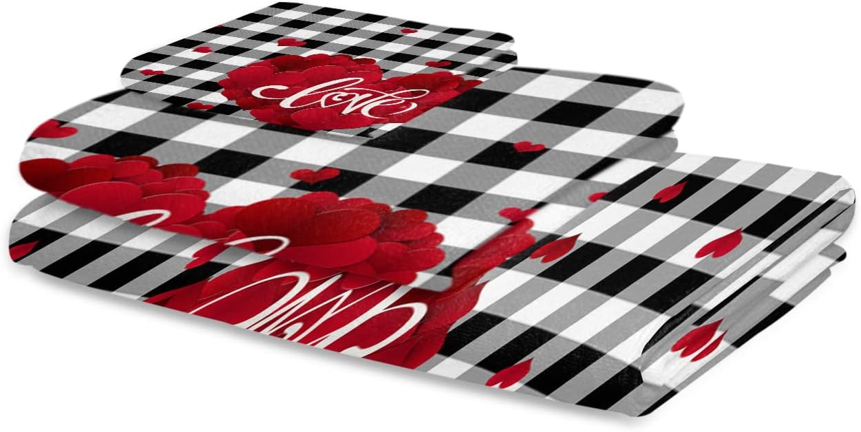 Shine-Home Valentine Towel Set - Red Black Plaid Microfiber Bath Towels and Washcloths
