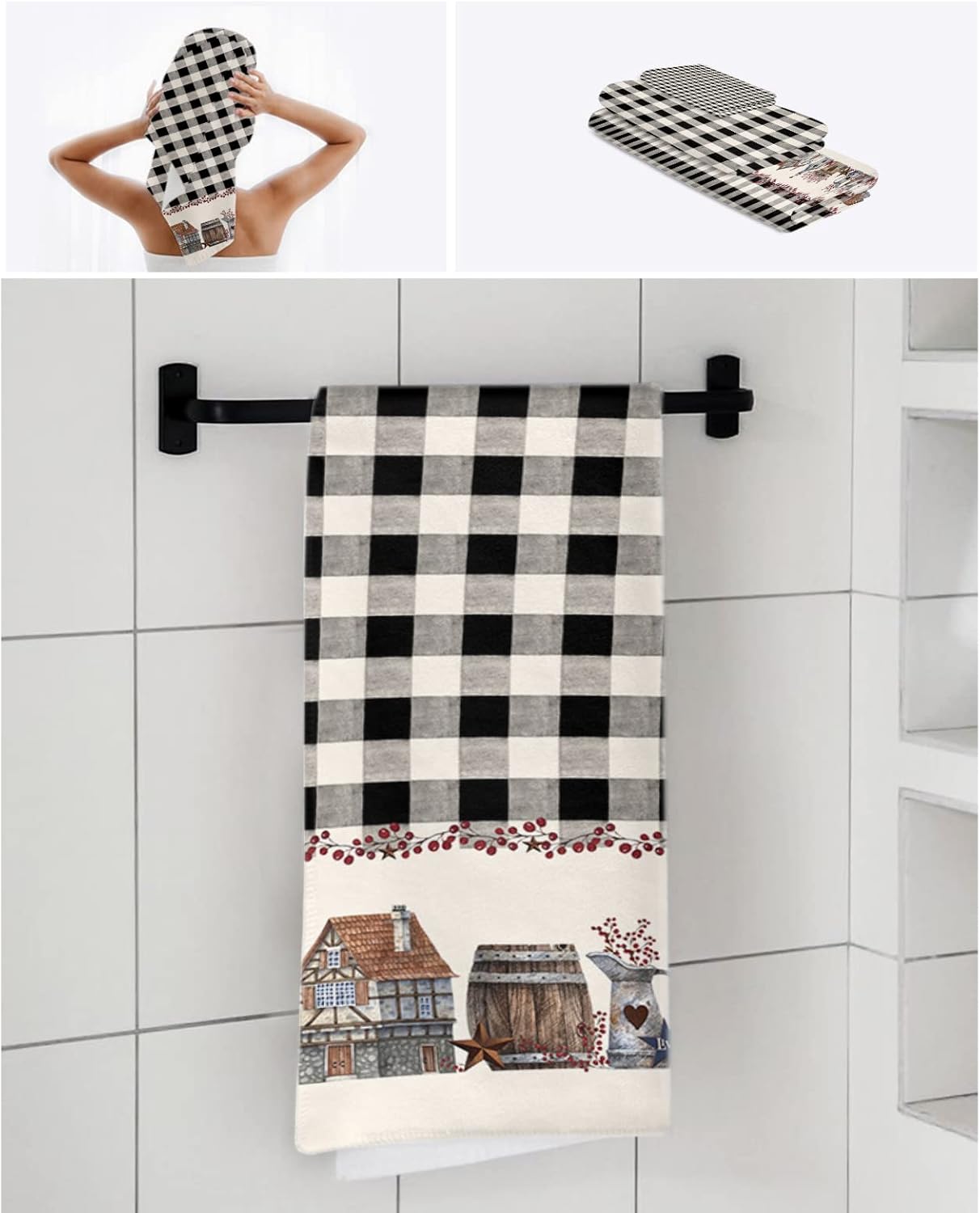 Shine-Home Rustic Black Buffalo Check Towel Set 1