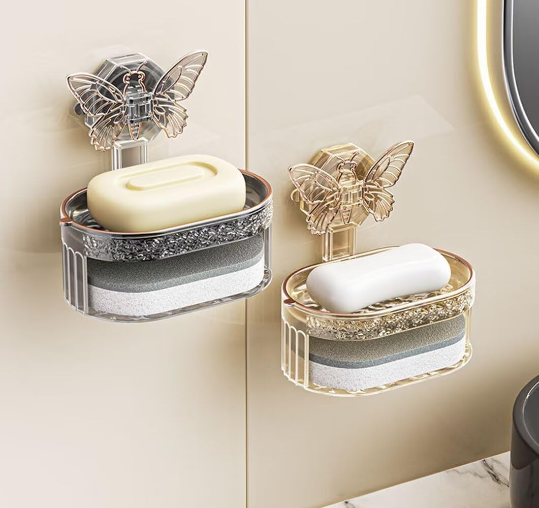 Butterfly Suction Cup Soap Dish - Double Layer Non-Drilling White