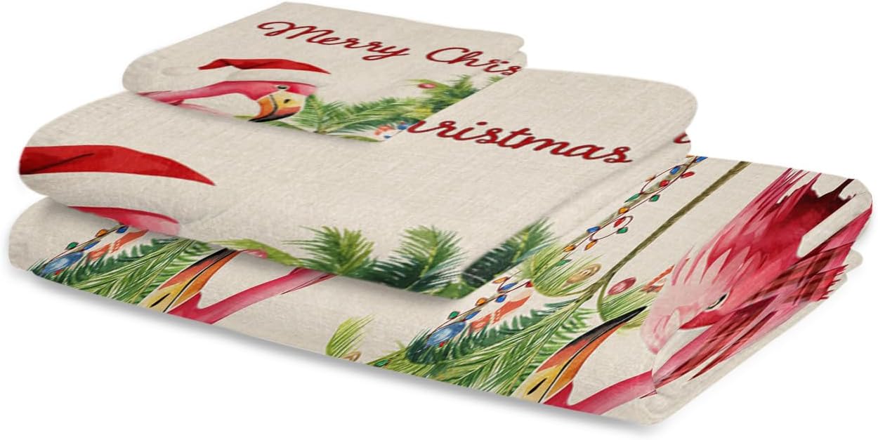 Christmas Bath Towel Set of 3 - Flamingo Coconut Tree Linen Texture