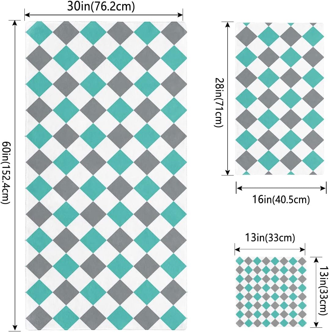 Summer Teal Green Grey Diamond Lattice Abstract Towel Set for Bathroom