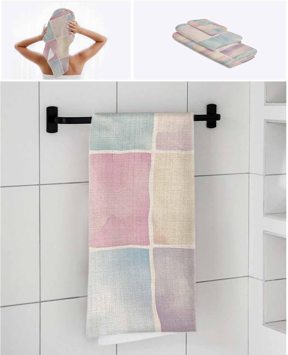 Shine-Home Pink Checkered Towel Set for Bathroom