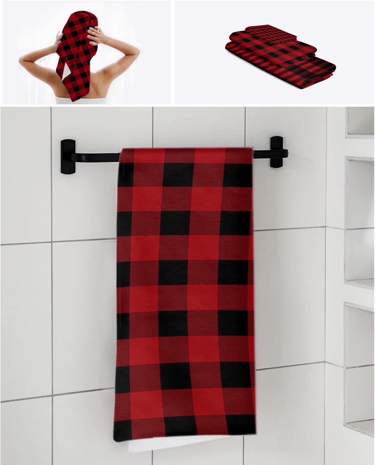 Black and Red Buffalo Check Towel Set 3pcs for Home Bathroom