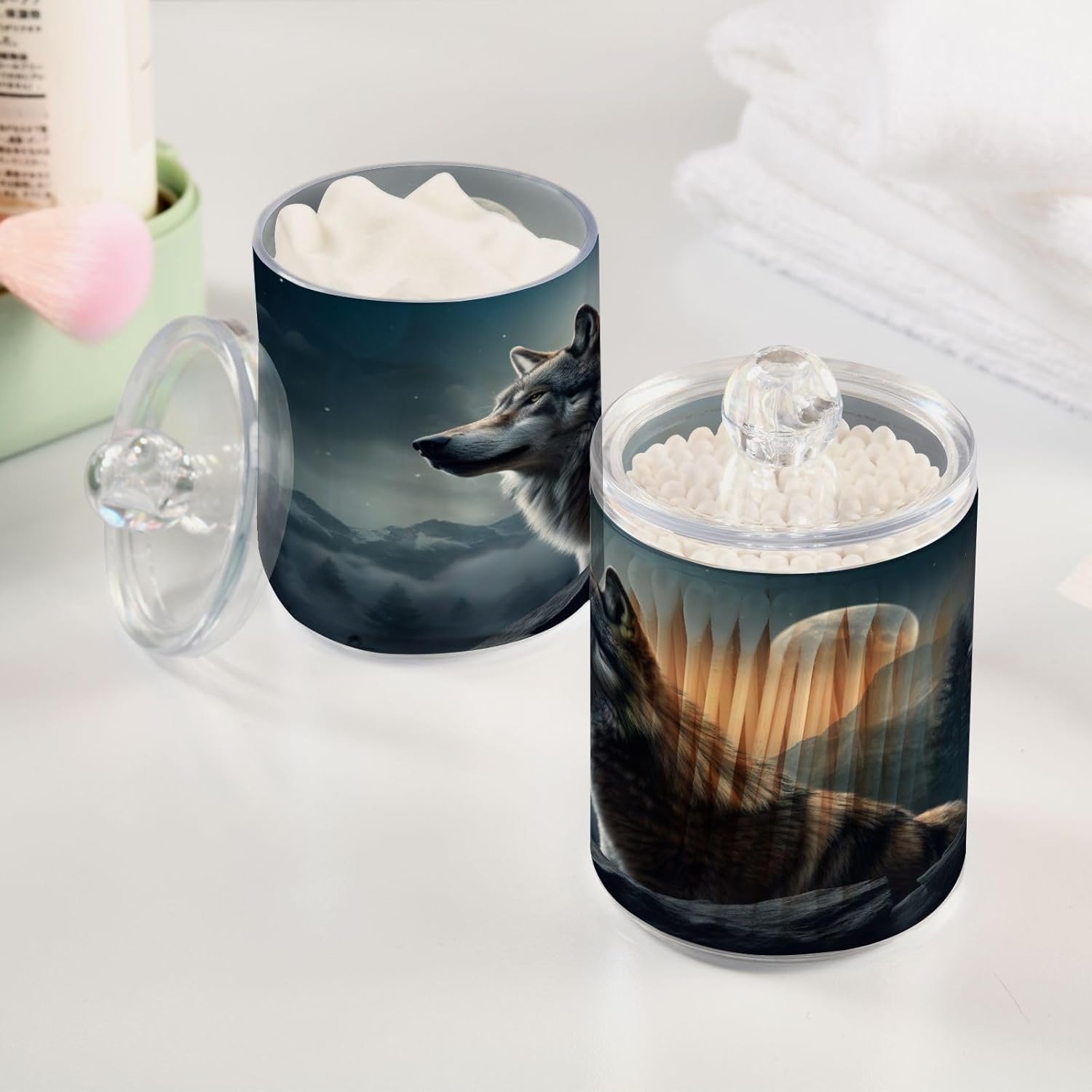 YETTASBIN Wolf Clear Jars 2 Pack 14 oz Cotton Swab Holder with Lid