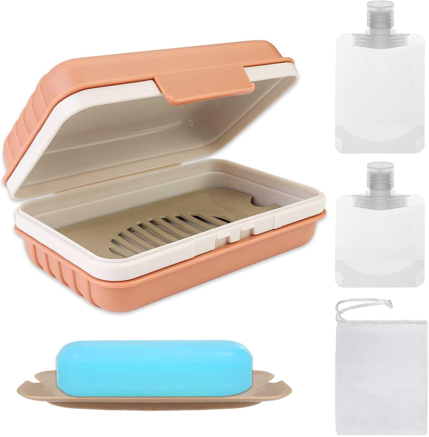 4 Pack Travel Soap Holder Set with Foaming Net and Packaging Bags Orange