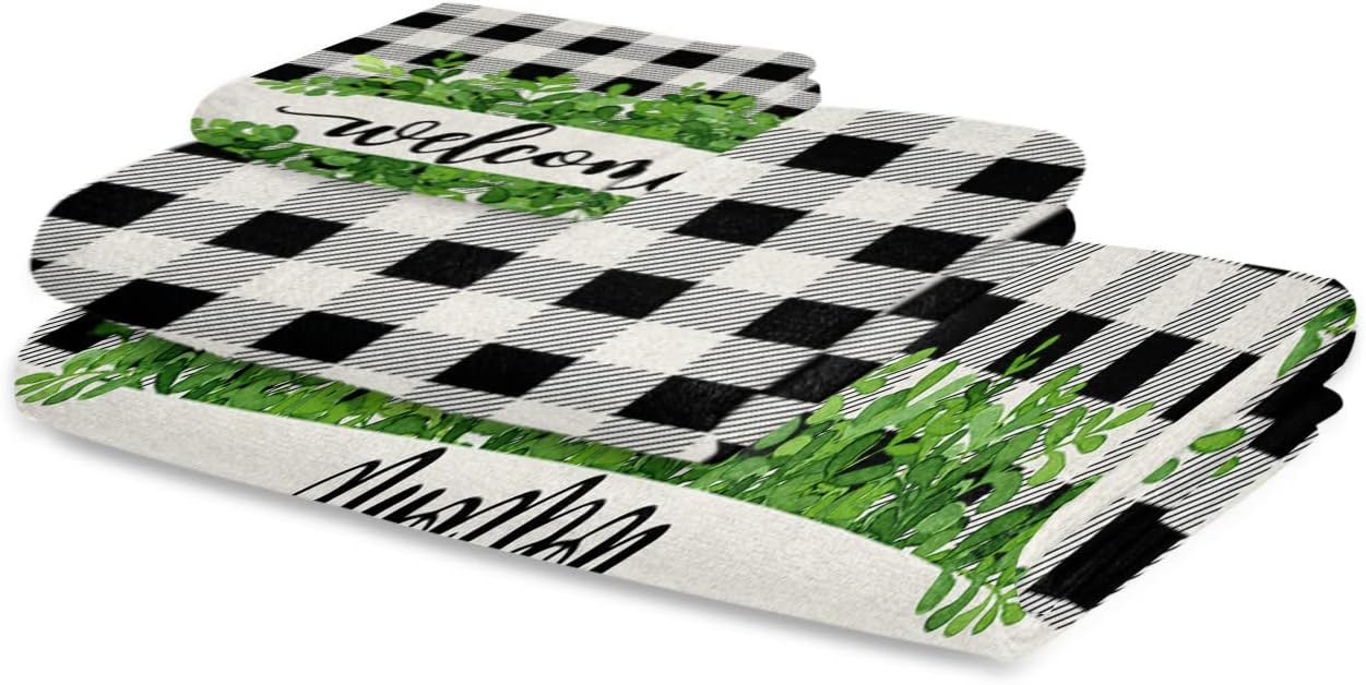 Chees D Zone Bath Towel Set with Green Leaves and Black Plaid Design