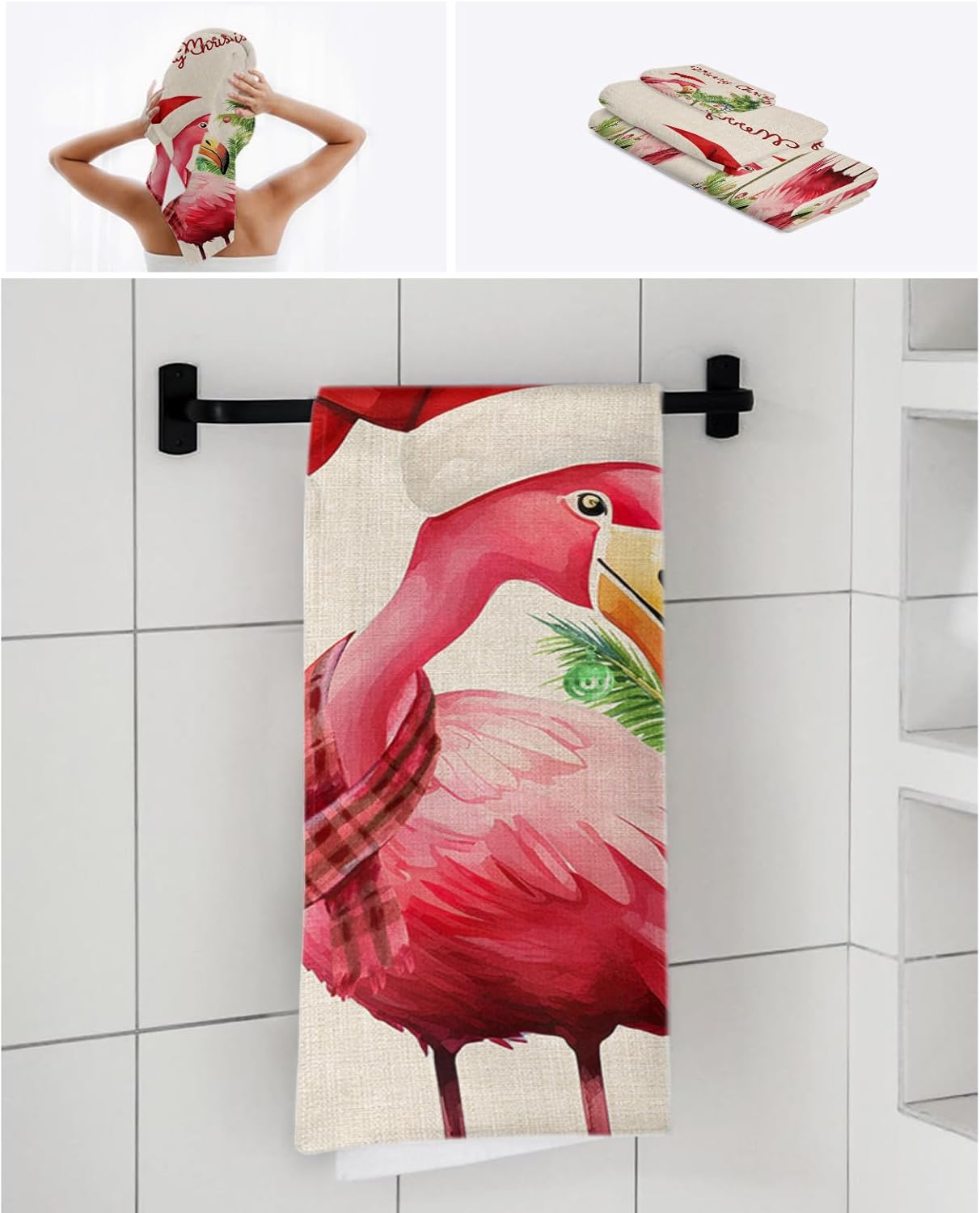 Christmas Bath Towel Set of 3 - Flamingo Coconut Tree Linen Texture