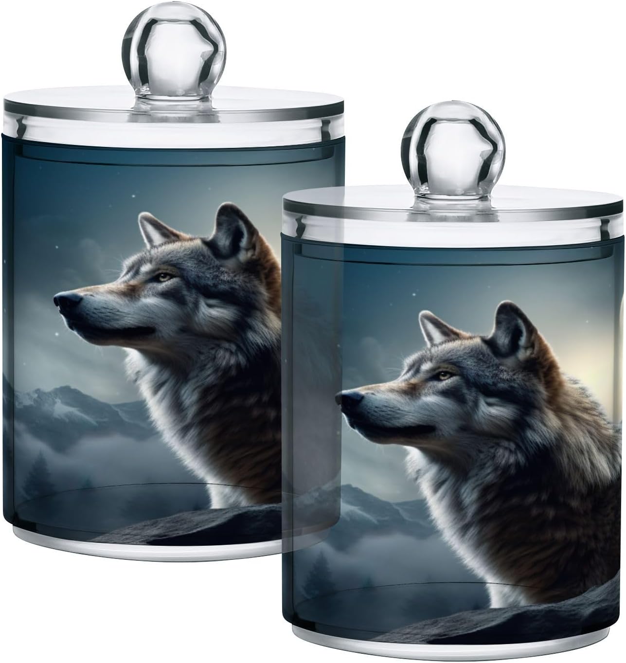 YETTASBIN Wolf Clear Jars 2 Pack 14 oz Cotton Swab Holder with Lid