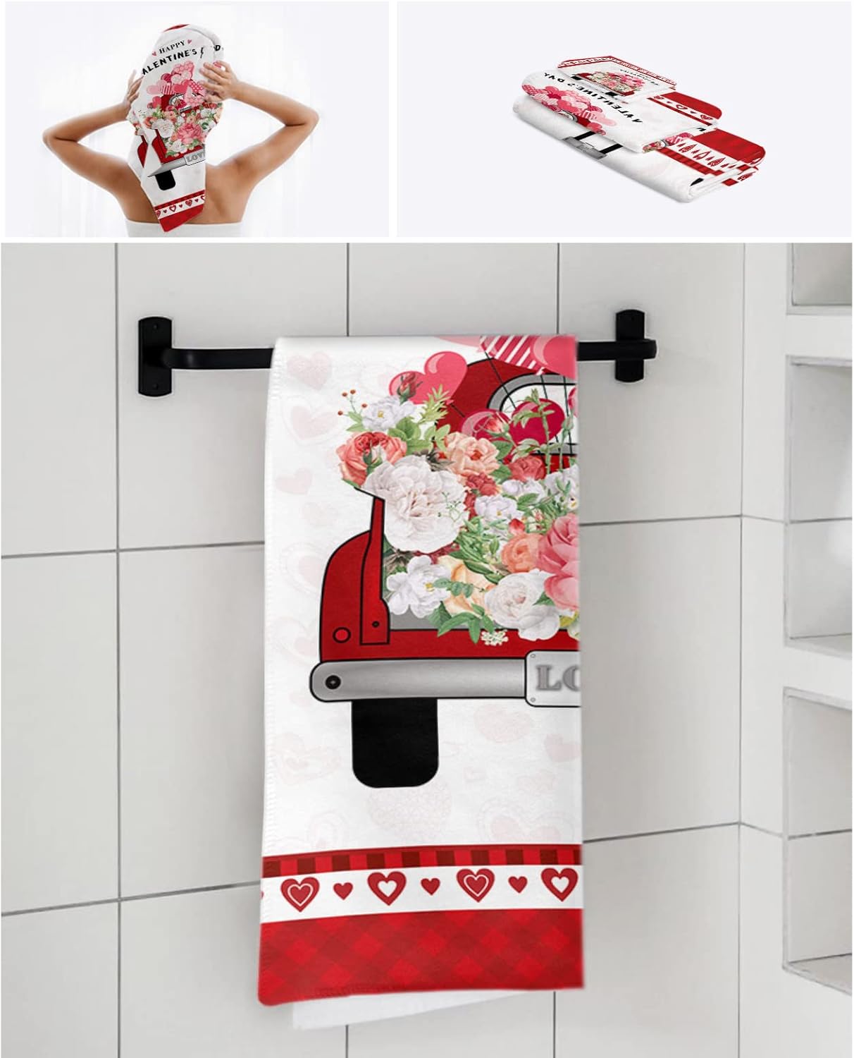 Happy Valentines Red Car Flower Love Towel Set