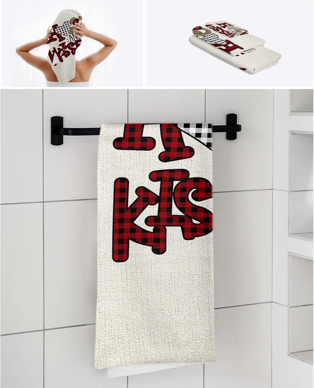 Boanket Valentines Day 3 Piece Towel Set with Leopard Plaid and Lettering