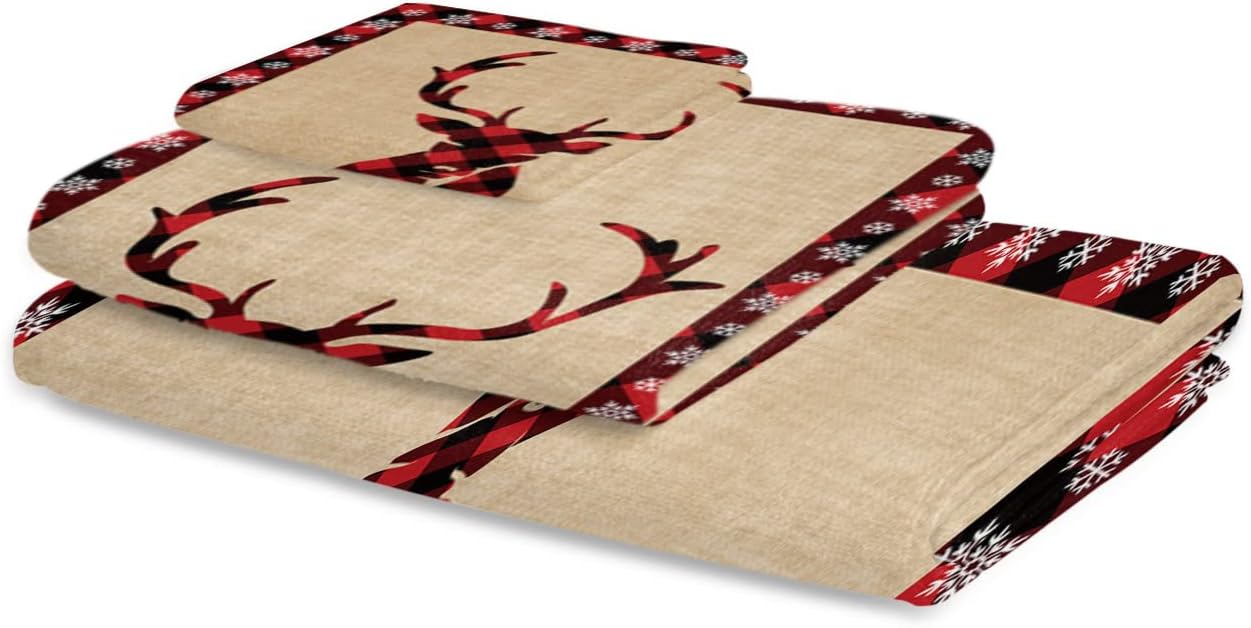 Christmas Bath Towels Set of 3 - Elk Pattern Decor