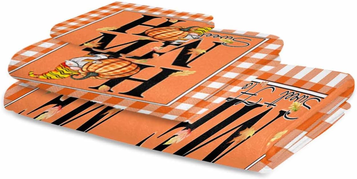 Double Love Orange Thanksgiving Towel Set - Plaid Design 3 Piece Microfiber Bath Towels