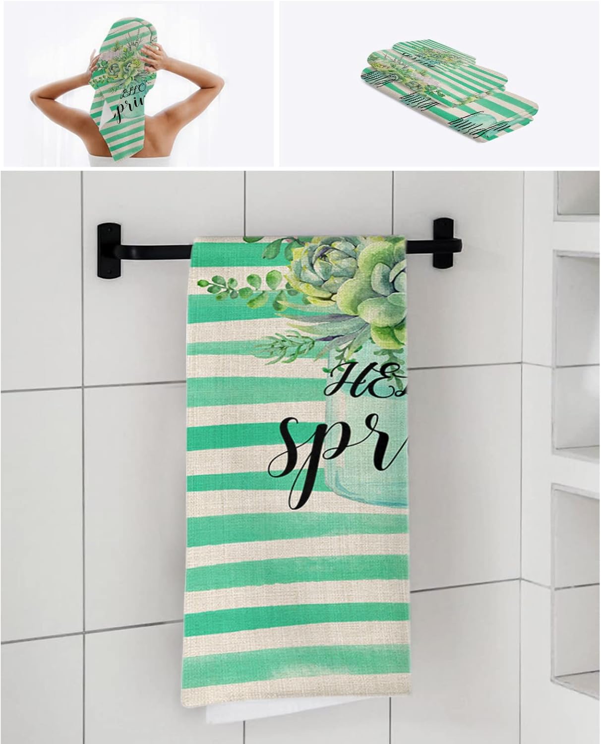 Chees D Zone Bath Towel Set with Green Succulent Design