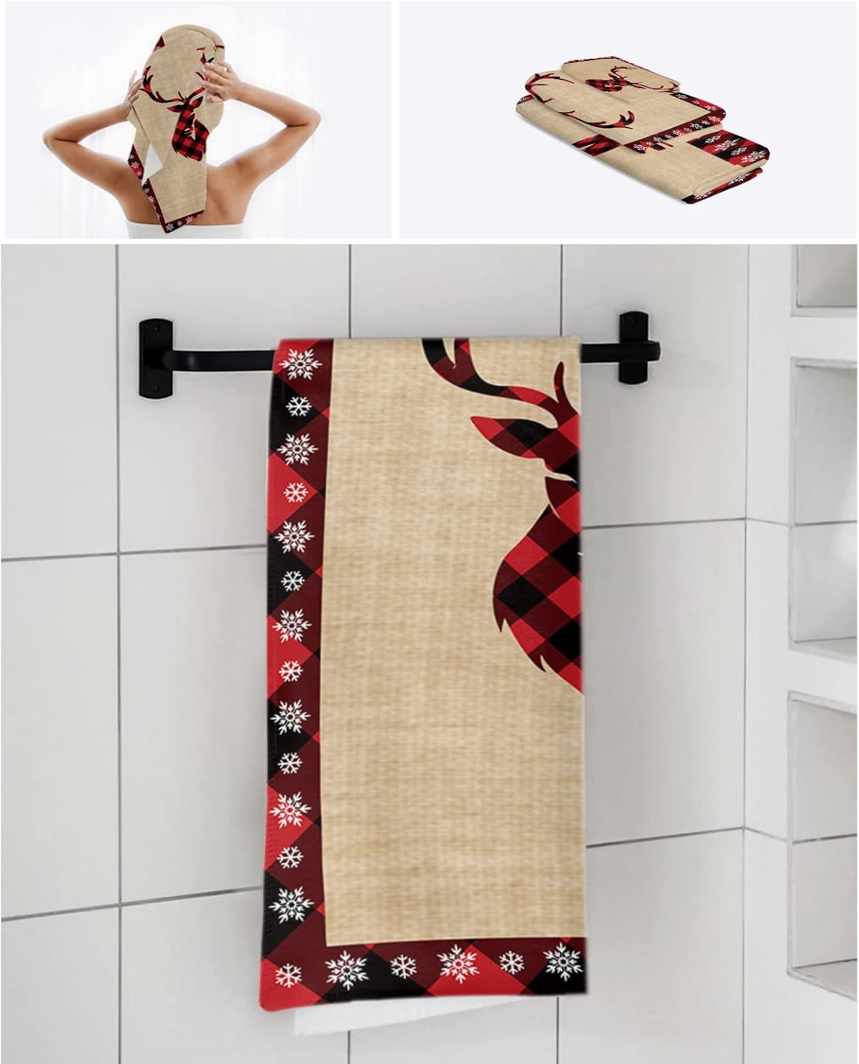 Christmas Bath Towels Set of 3 - Elk Pattern Decor