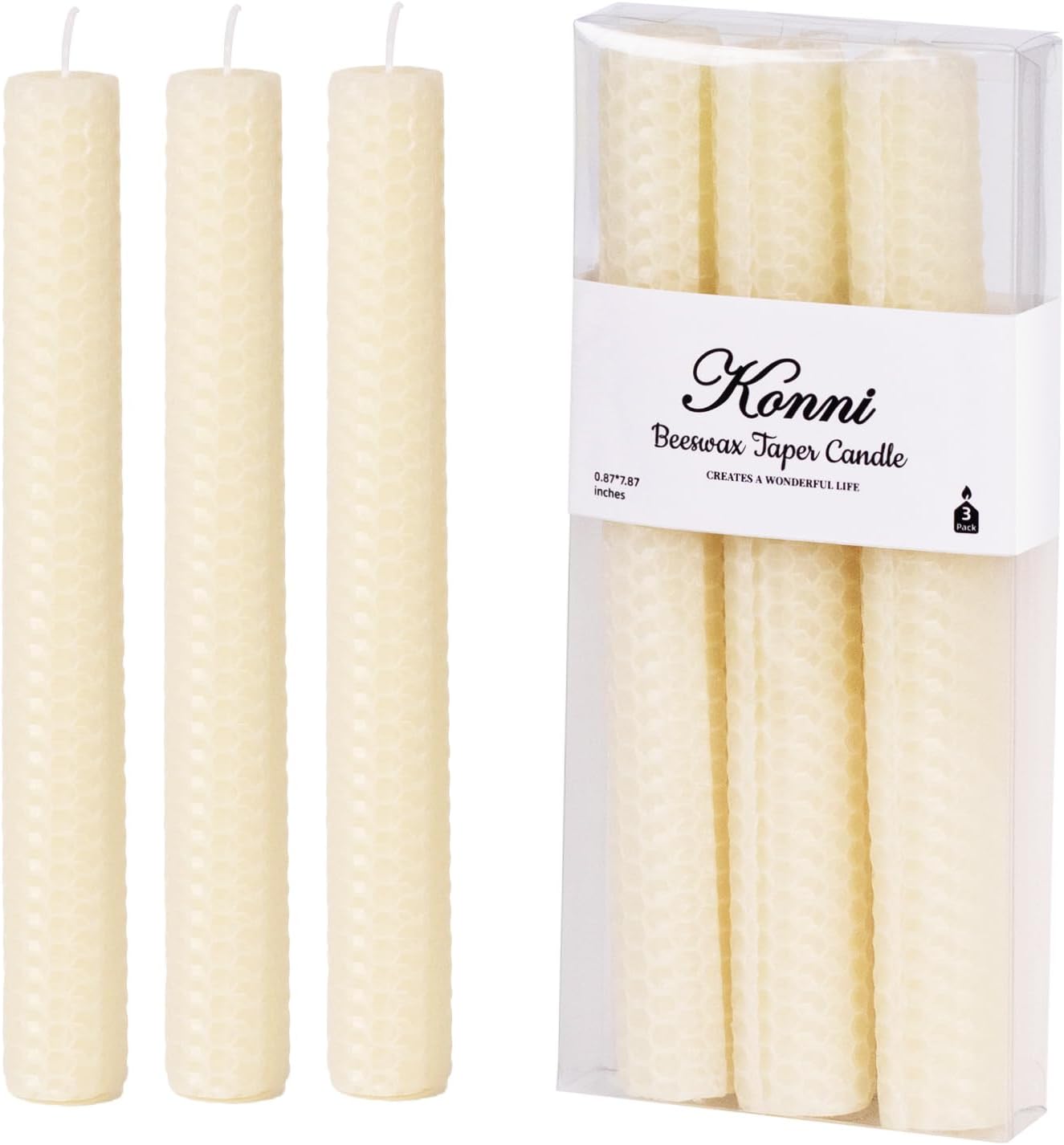 KONNI Natural Beeswax Taper Candles Pack of 3