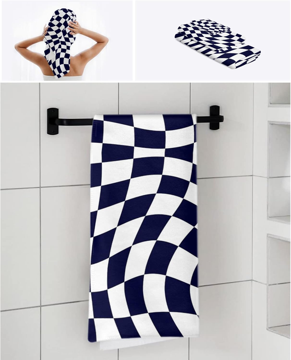 ZOE GARDEN Modern Black Towel Set with Geometric Checkered Design