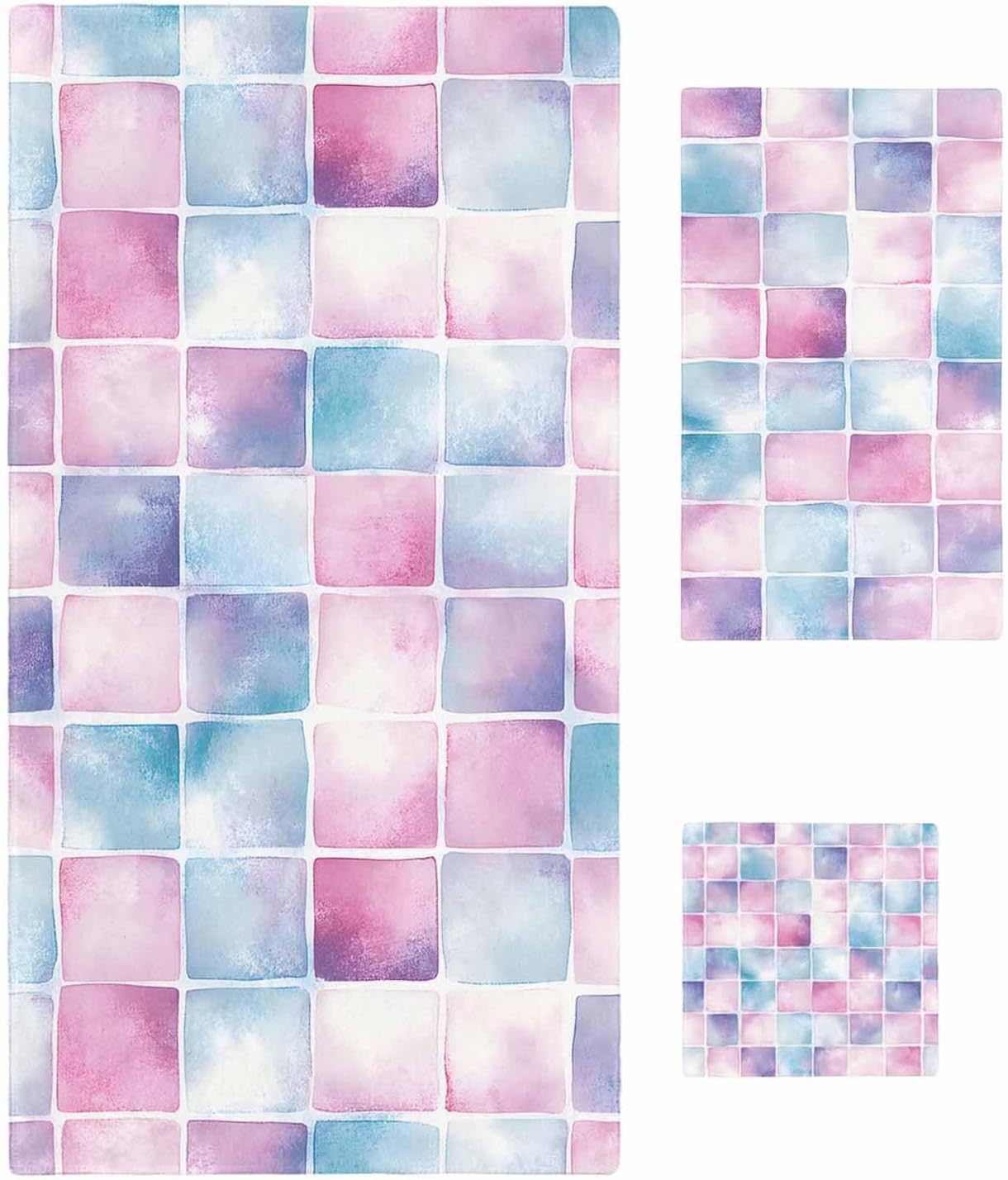 Shine-Home Pink Blue Plaid Towel Set 3pcs 1