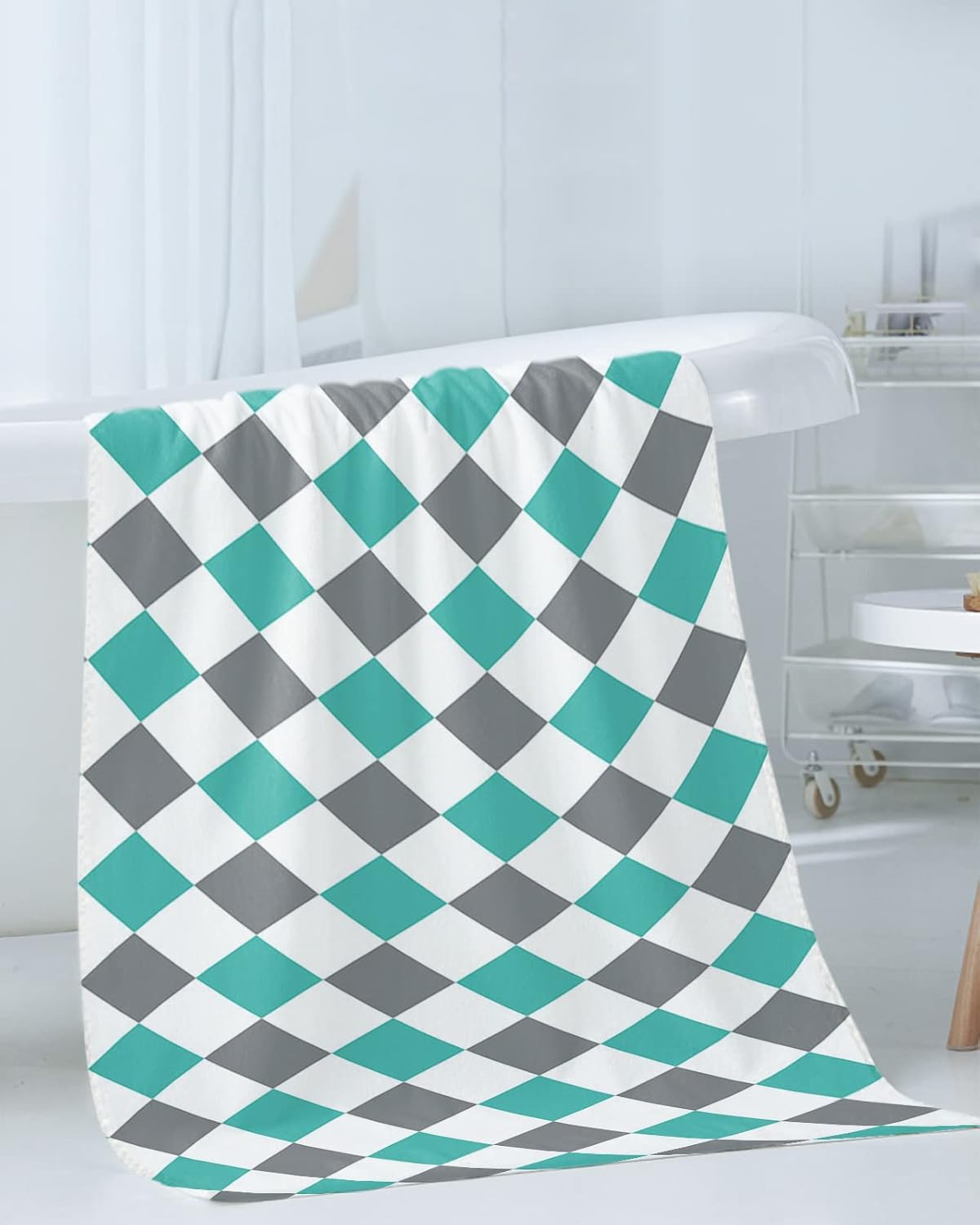Summer Teal Green Grey Diamond Lattice Abstract Towel Set for Bathroom