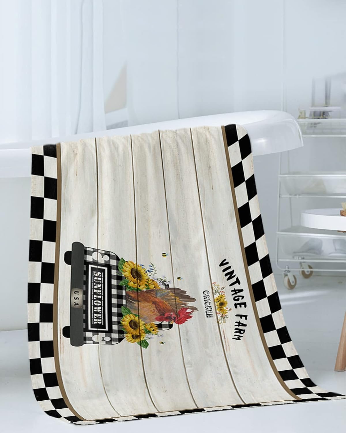 Shine-Home Plaid White Black Border Bath Towel Set